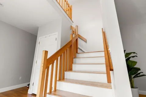 a view of staircase with wooden floor and a potted plant