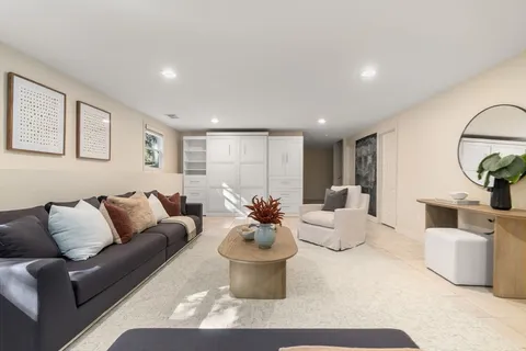 a living room with furniture and a potted plant