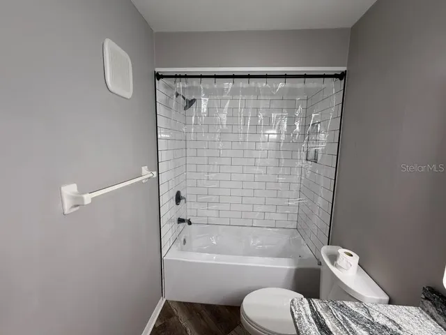 a bathroom with a toilet and a bathtub