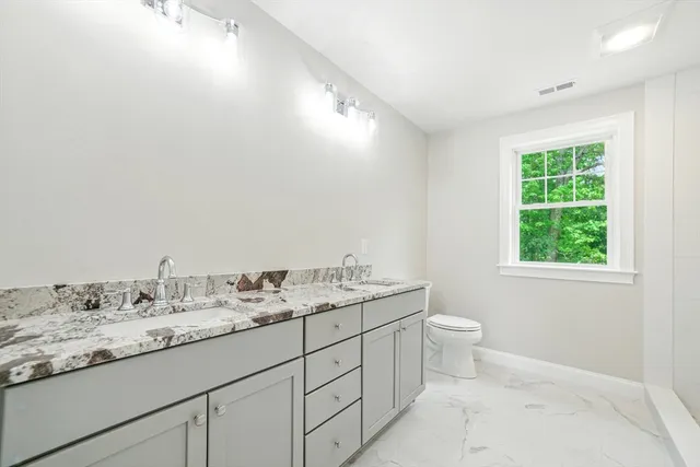 a bathroom with a granite countertop sink a toilet and a mirror