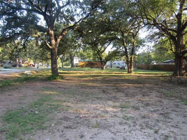 a view of a yard with large trees