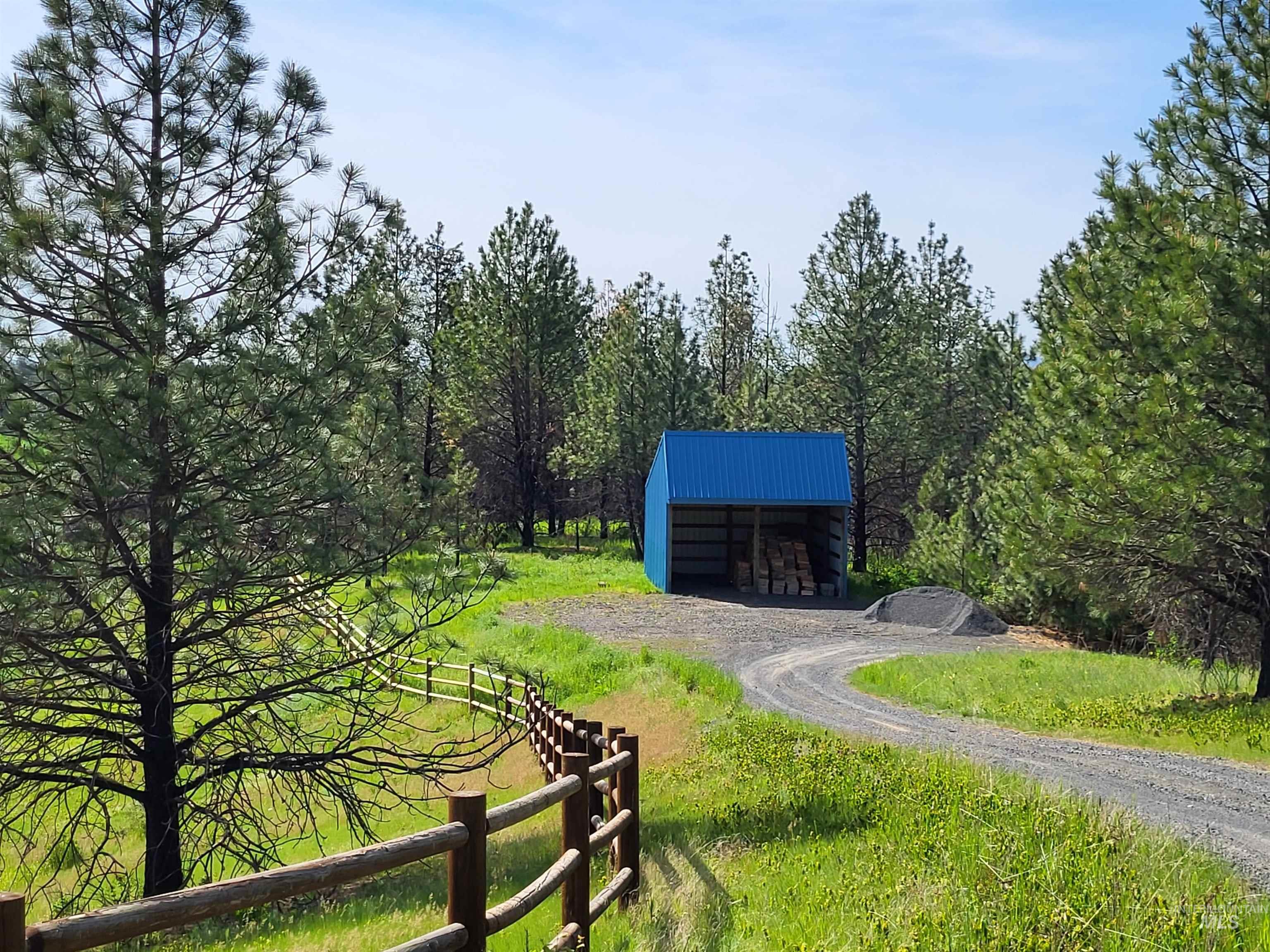 1085 Wallen Road Moscow, ID 83843 - Photo 48 of 50 Gravel driveway leading to a blue metal outbuilding, surrounded by mature pine trees and green landscaping, with a rustic wooden fence