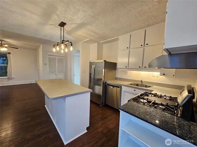a kitchen with a stove a refrigerator and a sink
