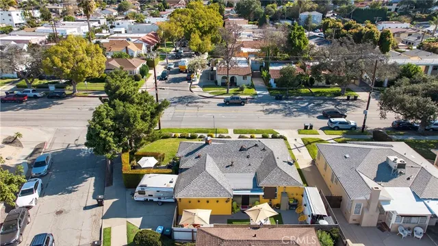 an aerial view of a swimming pool
