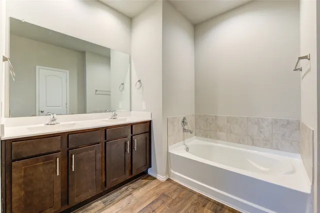a bathroom with a tub sink and mirror