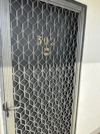 an outdoor space with a door