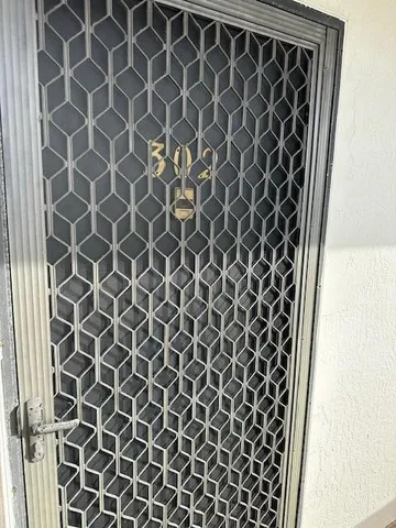 an outdoor space with a door