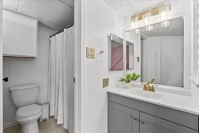 a bathroom with a sink a toilet and shower curtain