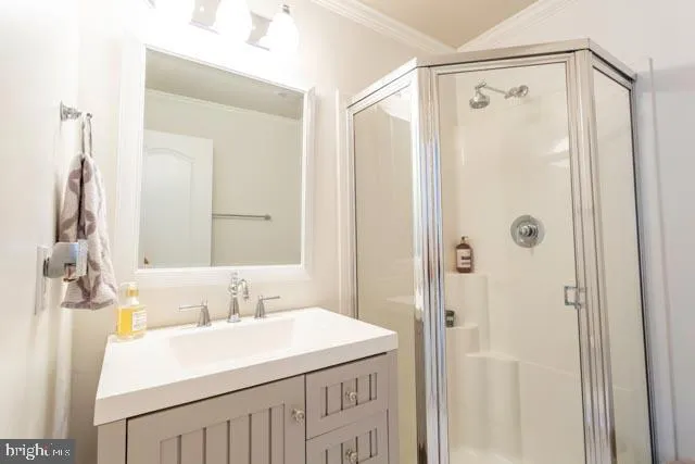 a bathroom with a sink a mirror and a shower