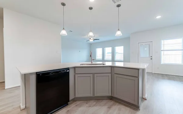 a kitchen with a sink and dishwasher with white cabinets