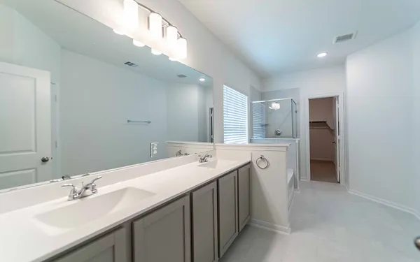 a bathroom with a double vanity sink and mirror