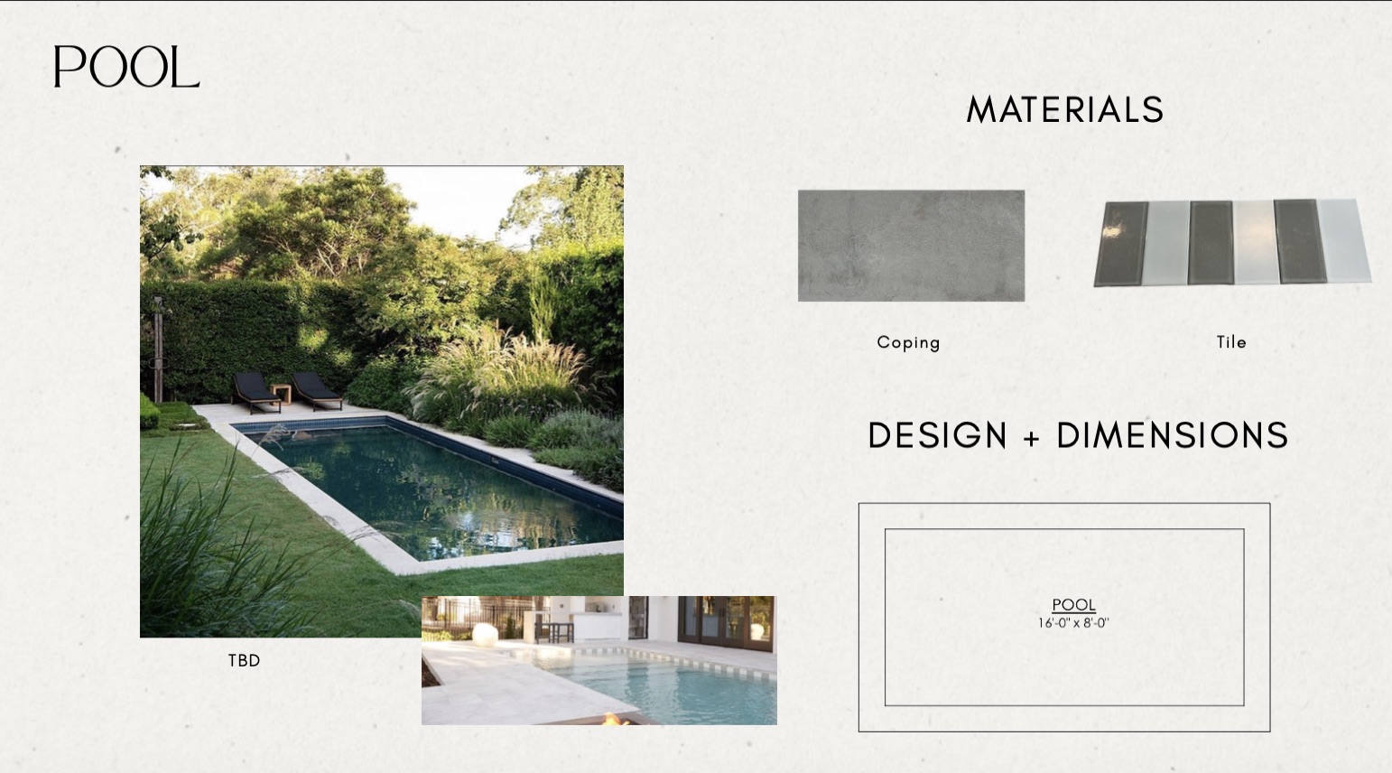 1309 Alguno Road, Unit 1 Austin, TX 78757 - Photo 12 of 33 Design Plan, Pool Section. Outlining material selections, dimensions, and visual references for the property's pool feature