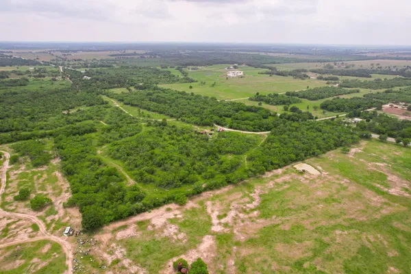 a view of a city with lush green forest
