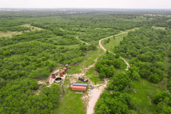 a view of a city with lush green forest