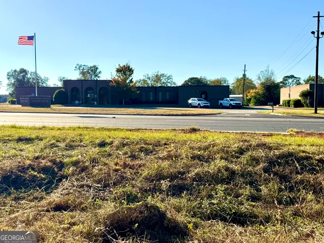 a view of a swimming pool with a yard and plants