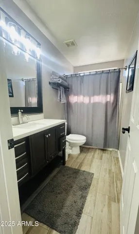 a bathroom with a sink a toilet a mirror and shower