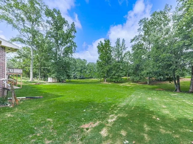 a view of green field with trees in the background