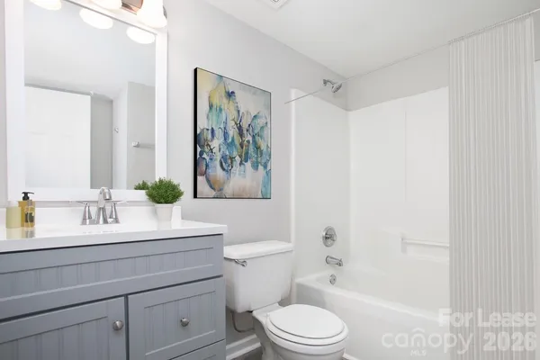 a bathroom with a sink a toilet a mirror a vanity a bath tub and shower