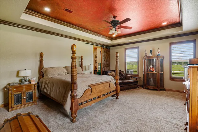 a bed room with a bed and a ceiling fan