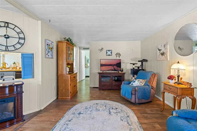 a living room with furniture a rug and a wall painting