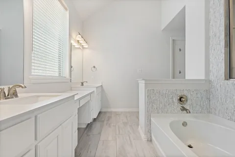 a bathroom with a tub sink and mirror