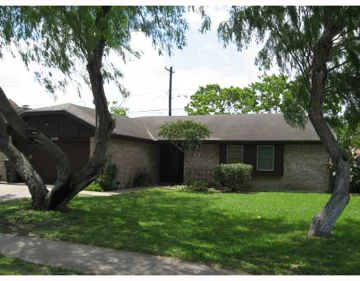 a backyard of a house with plants and large tree