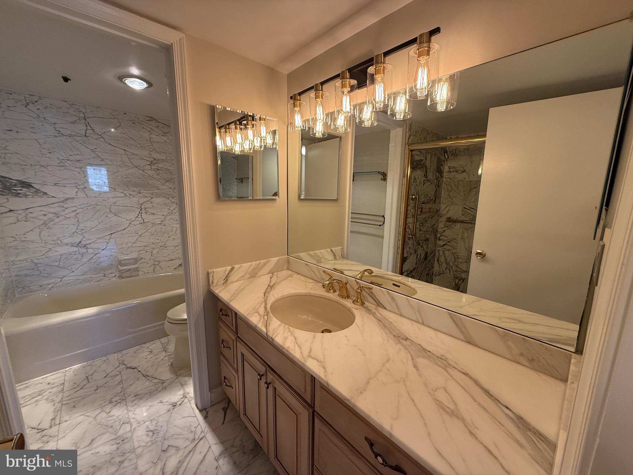 1101 South Arlington Ridge Road, Unit 214 Arlington, VA 22202 - Photo 16 of 41 a bathroom with a granite countertop tub sink and mirror