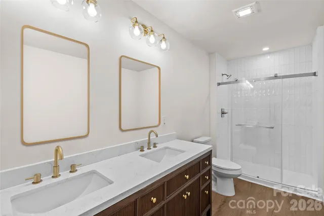 a bathroom with a double vanity sink mirror and toilet