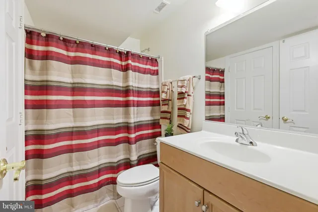 a bathroom with a sink a toilet and shower curtain
