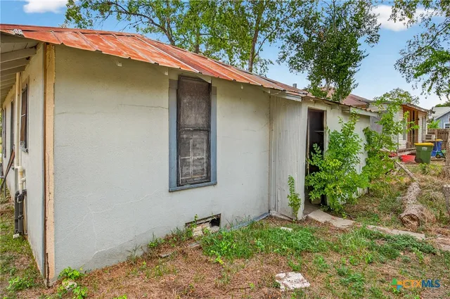 a backyard of a house with plants and tree