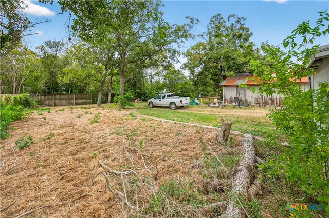 a view of a yard with plants and trees