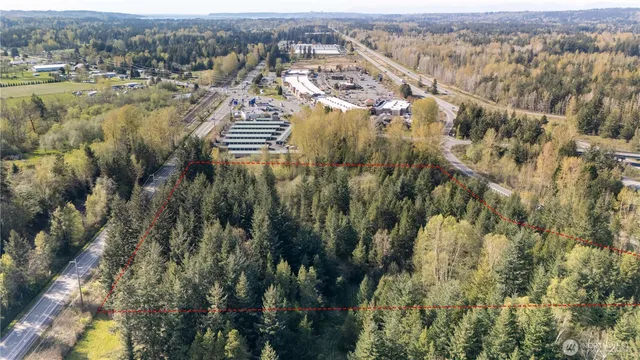 an aerial view of residential houses with outdoor space and trees