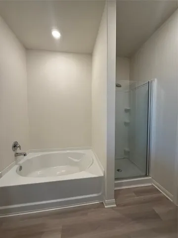 a bathroom with a bathtub and a shower