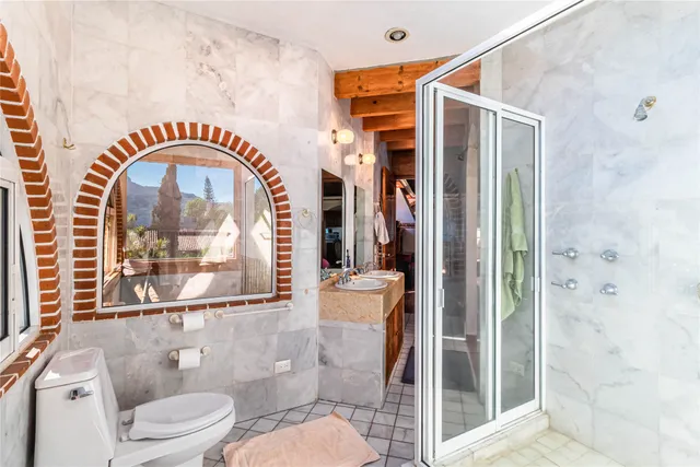 a bathroom with a toilet a sink and a glass door shower