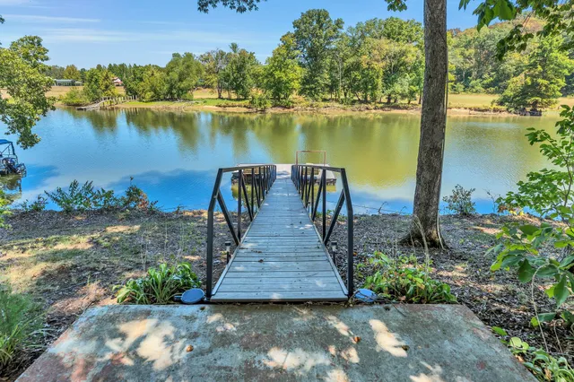 a view of a lake with a large trees next to a yard