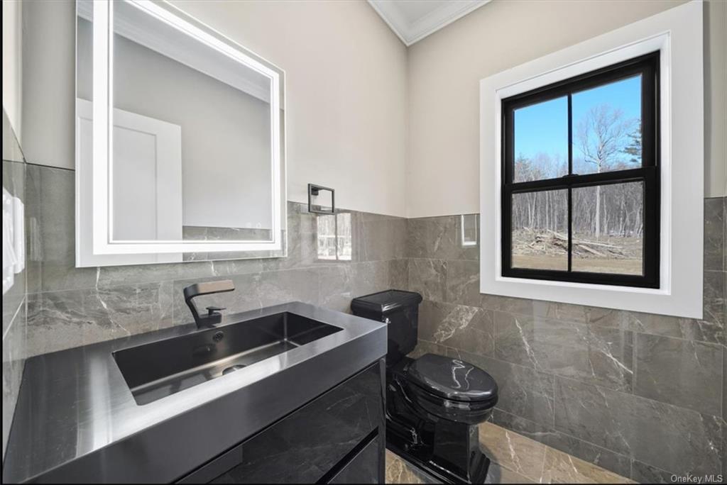 346 Shawanga Lodge Road Bloomingburg, NY 12721 - Photo 17 of 36 Bathroom featuring tile walls, vanity, toilet, and ornamental molding