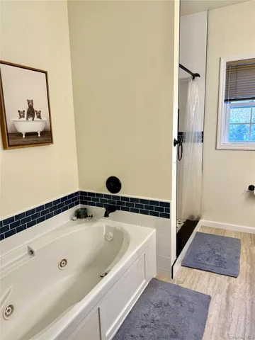 a bathroom with a tub and shower