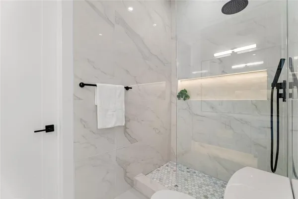 a bathroom with a shower and toilet