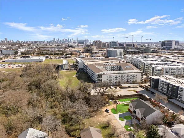 a city view with tall buildings