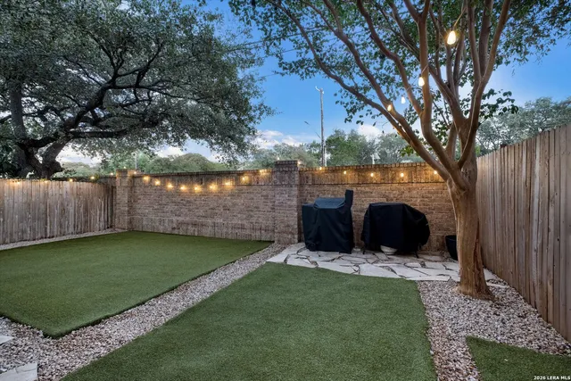 a view of a backyard with a garden and tree