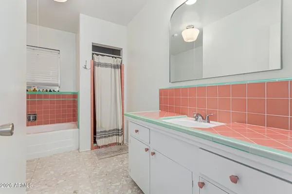 a bathroom with a sink and a mirror