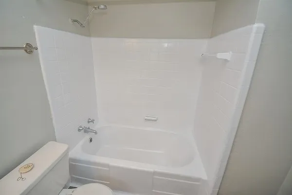 a bathroom with a bathtub and a toilet