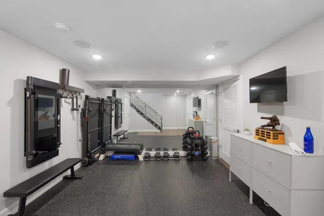 a view of a room with gym equipment