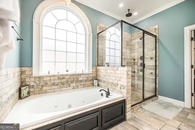 a bathroom with a bathtub and a shower