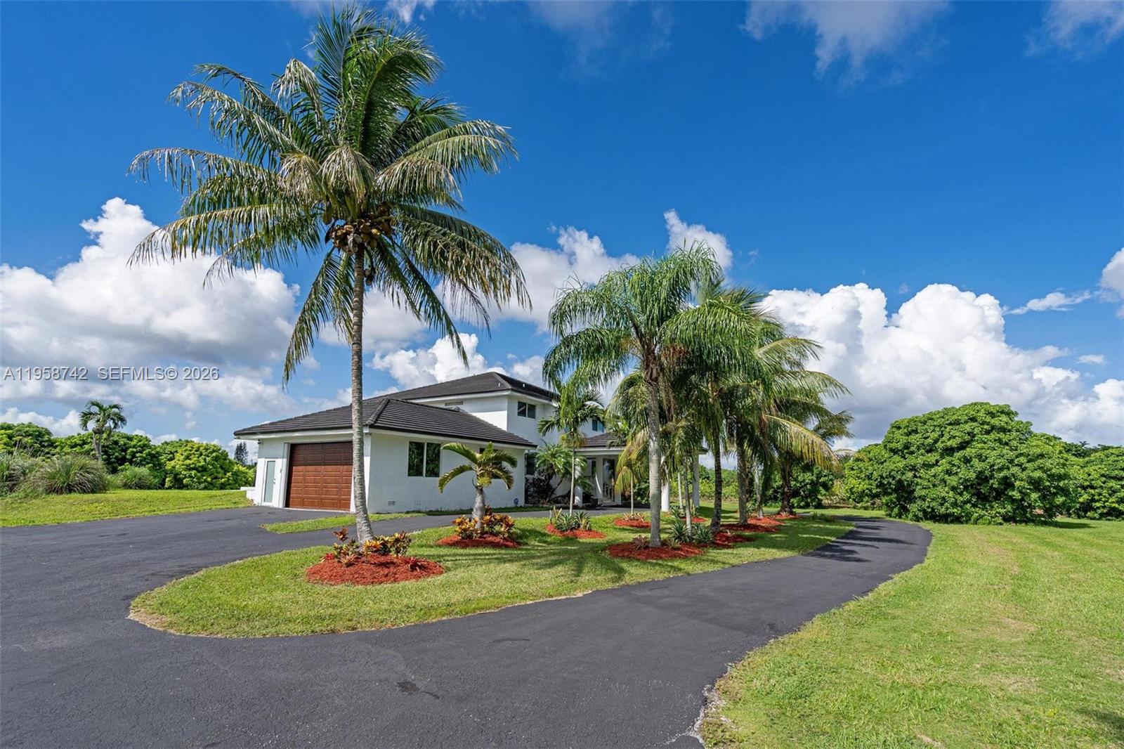 a palm tree sitting in front of a house with a big yard