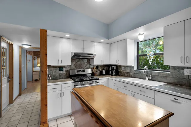 a kitchen with a sink a counter top space stainless steel appliances and cabinets