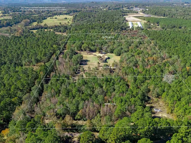 an aerial view of residential houses with outdoor space and trees