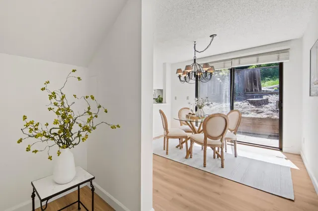 a dining room with furniture potted plants and wooden floor