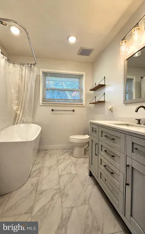 a bathroom with a double vanity sink a mirror and a toilet