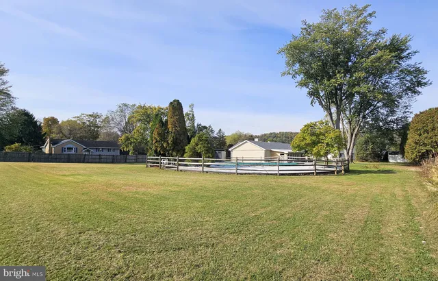 a view of a swimming pool and an outdoor space